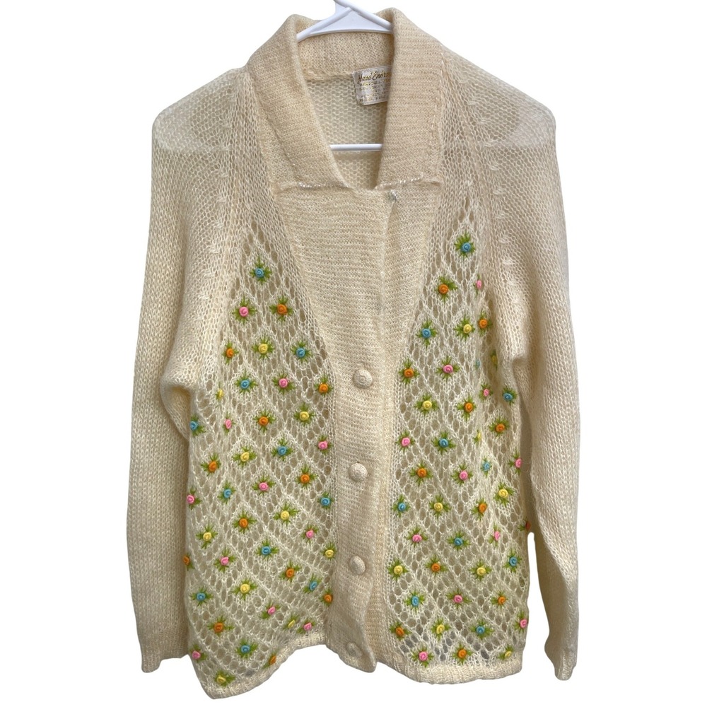 Vintage 60s Knit Mohair Cardigan Embroidered Floral Sweater Cottagecore Soft‎ M